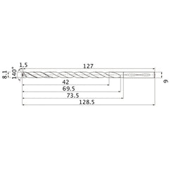 MNS0810LB TF15 8.1 mm Dia. × 9 mm Shank × 69.5 mm Flute Length × 128.5 mm OAL, 140°, 2 Flute, Coolant Thru, Solid Carbide Drill