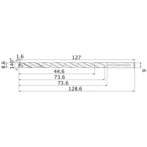 MNS0860LB TF15 8.6 mm Dia. × 9 mm Shank × 73.6 mm Flute Length × 128.6 mm OAL, 140°, 2 Flute, Coolant Thru, Solid Carbide Drill