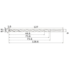 MNS0860LB TF15 8.6 mm Dia. × 9 mm Shank × 73.6 mm Flute Length × 128.6 mm OAL, 140°, 2 Flute, Coolant Thru, Solid Carbide Drill