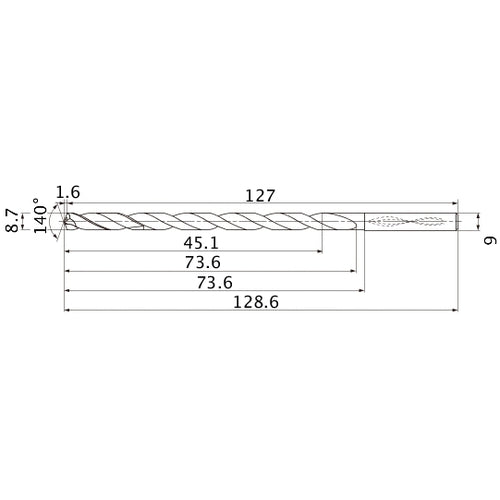 MNS0870LB TF15 8.7 mm Dia. × 9 mm Shank × 73.6 mm Flute Length × 128.6 mm OAL, 140°, 2 Flute, Coolant Thru, Solid Carbide Drill