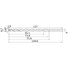 MNS0870LB TF15 8.7 mm Dia. × 9 mm Shank × 73.6 mm Flute Length × 128.6 mm OAL, 140°, 2 Flute, Coolant Thru, Solid Carbide Drill