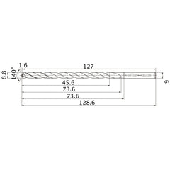 MNS0880LB TF15 8.8 mm Dia. × 9 mm Shank × 73.6 mm Flute Length × 128.6 mm OAL, 140°, 2 Flute, Coolant Thru, Solid Carbide Drill