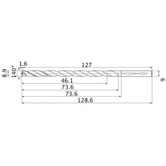 MNS0890LB TF15 8.9 mm Dia. × 9 mm Shank × 73.6 mm Flute Length × 128.6 mm OAL, 140°, 2 Flute, Coolant Thru, Solid Carbide Drill