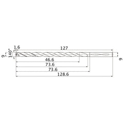 MNS0900LB TF15 9 mm Dia. × 9 mm Shank × 73.6 mm Flute Length × 128.6 mm OAL, 140°, 2 Flute, Coolant Thru, Solid Carbide Drill