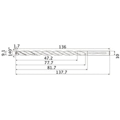 MNS0910LB TF15 9.1 mm Dia. × 10 mm Shank × 77.7 mm Flute Length × 137.7 mm OAL, 140°, 2 Flute, Coolant Thru, Solid Carbide Drill