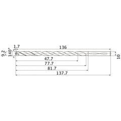MNS0920LB TF15 9.2 mm Dia. × 10 mm Shank × 77.7 mm Flute Length × 137.7 mm OAL, 140°, 2 Flute, Coolant Thru, Solid Carbide Drill
