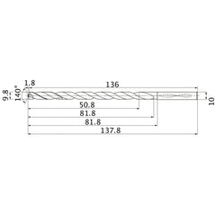 MNS0980LB TF15 9.8 mm Dia. × 10 mm Shank × 81.8 mm Flute Length × 137.8 mm OAL, 140°, 2 Flute, Coolant Thru, Solid Carbide Drill