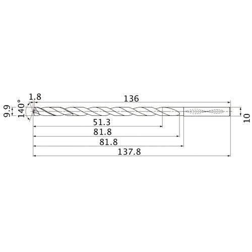 MNS0990LB TF15 9.9 mm Dia. × 10 mm Shank × 81.8 mm Flute Length × 137.8 mm OAL, 140°, 2 Flute, Coolant Thru, Solid Carbide Drill
