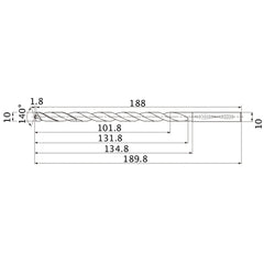 MNS1000X10DB TF15 10 mm Dia. × 10 mm Shank × 131.8 mm Flute Length × 189.8 mm OAL, 140°, 2 Flute, Coolant Thru, Solid Carbide Drill