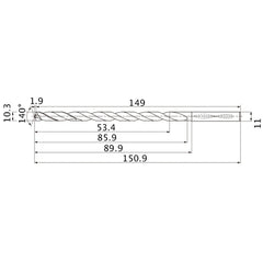 MNS1030LB TF15 10.3 mm Dia. × 11 mm Shank × 85.9 mm Flute Length × 150.9 mm OAL, 140°, 2 Flute, Coolant Thru, Solid Carbide Drill