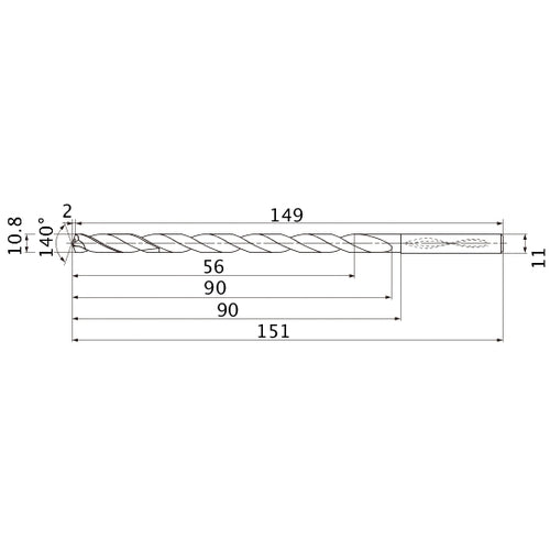 MNS1080LB TF15 10.8 mm Dia. × 11 mm Shank × 90 mm Flute Length × 151 mm OAL, 140°, 2 Flute, Coolant Thru, Solid Carbide Drill