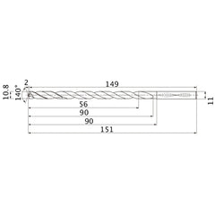 MNS1080LB TF15 10.8 mm Dia. × 11 mm Shank × 90 mm Flute Length × 151 mm OAL, 140°, 2 Flute, Coolant Thru, Solid Carbide Drill