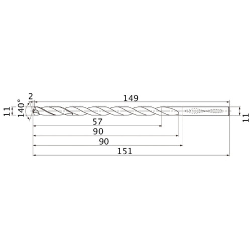 MNS1100LB TF15 11 mm Dia. × 11 mm Shank × 90 mm Flute Length × 151 mm OAL, 140°, 2 Flute, Coolant Thru, Solid Carbide Drill