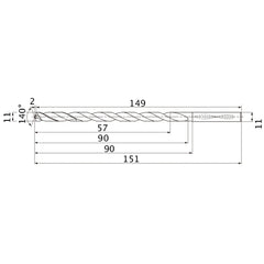 MNS1100LB TF15 11 mm Dia. × 11 mm Shank × 90 mm Flute Length × 151 mm OAL, 140°, 2 Flute, Coolant Thru, Solid Carbide Drill