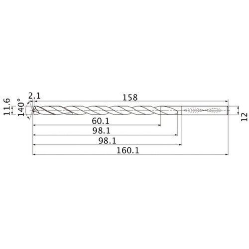 MNS1160LB TF15 11.6 mm Dia. × 12 mm Shank × 98.1 mm Flute Length × 160.1 mm OAL, 140°, 2 Flute, Coolant Thru, Solid Carbide Drill
