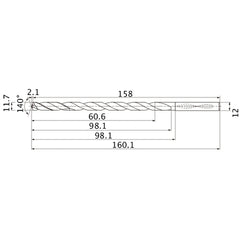 MNS1170LB TF15 11.7 mm Dia. × 12 mm Shank × 98.1 mm Flute Length × 160.1 mm OAL, 140°, 2 Flute, Coolant Thru, Solid Carbide Drill