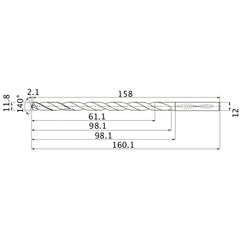 MNS1180LB TF15 11.8 mm Dia. × 12 mm Shank × 98.1 mm Flute Length × 160.1 mm OAL, 140°, 2 Flute, Coolant Thru, Solid Carbide Drill