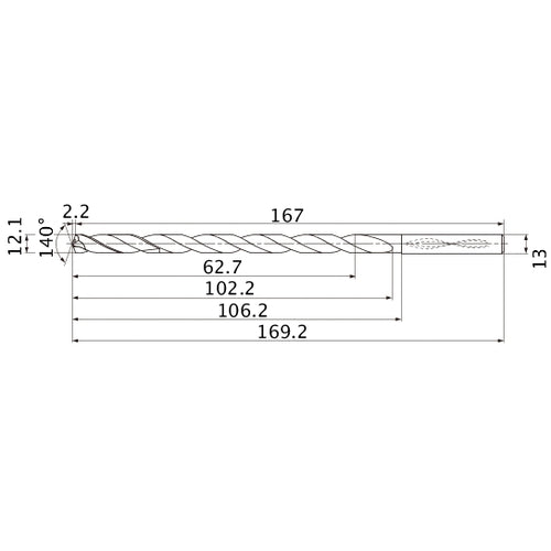 MNS1210LB TF15 12.1 mm Dia. × 13 mm Shank × 102.2 mm Flute Length × 169.2 mm OAL, 140°, 2 Flute, Coolant Thru, Solid Carbide Drill