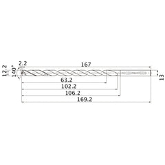 MNS1220LB TF15 12.2 mm Dia. × 13 mm Shank × 102.2 mm Flute Length × 169.2 mm OAL, 140°, 2 Flute, Coolant Thru, Solid Carbide Drill
