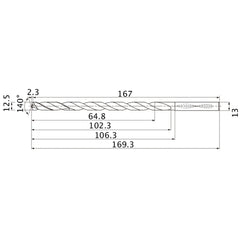 MNS1250LB TF15 12.5 mm Dia. × 13 mm Shank × 102.3 mm Flute Length × 169.3 mm OAL, 140°, 2 Flute, Coolant Thru, Solid Carbide Drill