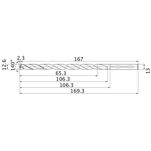 MNS1260LB TF15 12.6 mm Dia. × 13 mm Shank × 106.3 mm Flute Length × 169.3 mm OAL, 140°, 2 Flute, Coolant Thru, Solid Carbide Drill