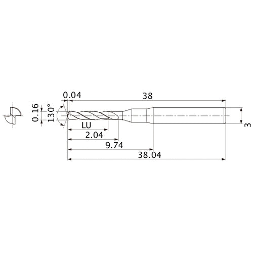 MSE0016SB VP20MF 0.16 mm Dia. × 3 mm Shank × 2.04 mm Flute Length × 38.04 mm OAL, 130°, 2 Flute, External Coolant, Solid Carbide Drill
