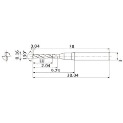 MSE0016SB VP20MF 0.16 mm Dia. × 3 mm Shank × 2.04 mm Flute Length × 38.04 mm OAL, 130°, 2 Flute, External Coolant, Solid Carbide Drill