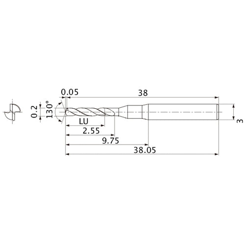MSE0020SB VP20MF 0.2 mm Dia. × 3 mm Shank × 2.55 mm Flute Length × 38.05 mm OAL, 130°, 2 Flute, External Coolant, Solid Carbide Drill