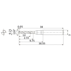 MSE0021SB VP20MF 0.21 mm Dia. × 3 mm Shank × 2.55 mm Flute Length × 38.05 mm OAL, 130°, 2 Flute, External Coolant, Solid Carbide Drill