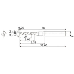 MSE0024SB VP20MF 0.24 mm Dia. × 3 mm Shank × 3.06 mm Flute Length × 38.06 mm OAL, 130°, 2 Flute, External Coolant, Solid Carbide Drill