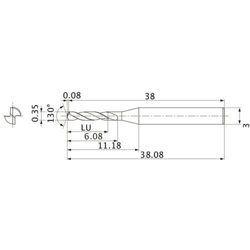 MSE0035SB VP15TF 0.35 mm Dia. × 3 mm Shank × 6.08 mm Flute Length × 38.08 mm OAL, 130°, 2 Flute, External Coolant, Solid Carbide Drill