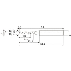MSE0045SB VP15TF 0.45 mm Dia. × 3 mm Shank × 7.1 mm Flute Length × 38.1 mm OAL, 130°, 2 Flute, External Coolant, Solid Carbide Drill