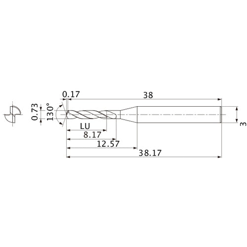 MSE0073SB VP15TF 0.73 mm Dia. × 3 mm Shank × 8.17 mm Flute Length × 38.17 mm OAL, 130°, 2 Flute, External Coolant, Solid Carbide Drill
