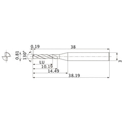 MSE0081SB VP15TF 0.81 mm Dia. × 3 mm Shank × 10.19 mm Flute Length × 38.19 mm OAL, 130°, 2 Flute, External Coolant, Solid Carbide Drill