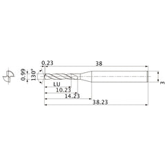 MSE0099SB VP15TF 0.99 mm Dia. × 3 mm Shank × 10.23 mm Flute Length × 38.23 mm OAL, 130°, 2 Flute, External Coolant, Solid Carbide Drill
