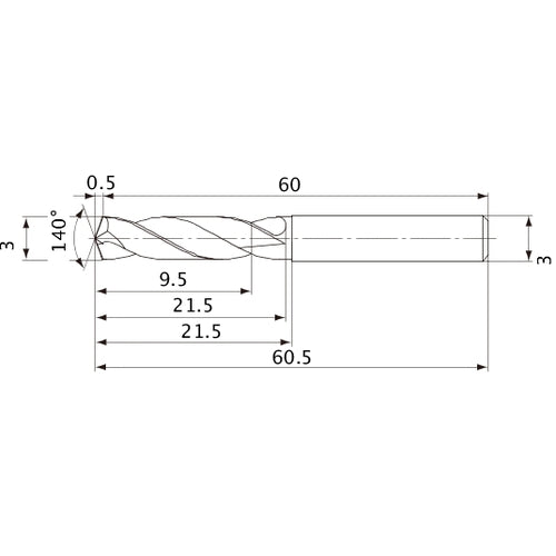 MVE0300X03S030 DP1020 3 mm Dia. × 3 mm Shank × 21.5 mm Flute Length × 60.5 mm OAL, 140°, 2 Flute, External Coolant, Solid Carbide Drill
