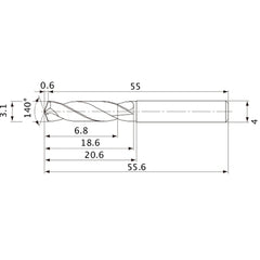MVE0310X02S040 DP1020 3.1 mm Dia. × 4 mm Shank × 18.6 mm Flute Length × 55.6 mm OAL, 140°, 2 Flute, External Coolant, Solid Carbide Drill