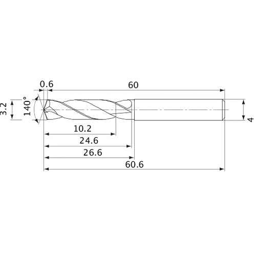 MVE0320X03S040 DP1020 3.2 mm Dia. × 4 mm Shank × 24.6 mm Flute Length × 60.6 mm OAL, 140°, 2 Flute, External Coolant, Solid Carbide Drill