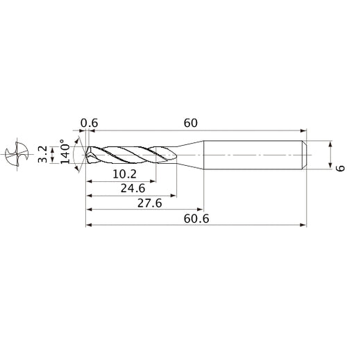 MVE0320X03S060 DP1020 3.2 mm Dia. × 6 mm Shank × 24.6 mm Flute Length × 60.6 mm OAL, 140°, 2 Flute, External Coolant, Solid Carbide Drill