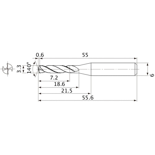 MVE0330X02S060 DP1020 3.3 mm Dia. × 6 mm Shank × 18.6 mm Flute Length × 55.6 mm OAL, 140°, 2 Flute, External Coolant, Solid Carbide Drill