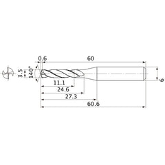 MVE0350X03S060 DP1020 3.5 mm Dia. × 6 mm Shank × 24.6 mm Flute Length × 60.6 mm OAL, 140°, 2 Flute, External Coolant, Solid Carbide Drill