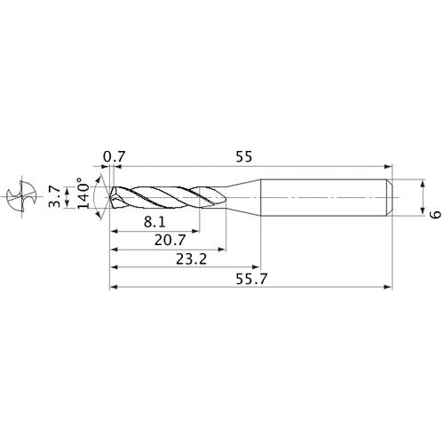MVE0370X02S060 DP1020 3.7 mm Dia. × 6 mm Shank × 20.7 mm Flute Length × 55.7 mm OAL, 140°, 2 Flute, External Coolant, Solid Carbide Drill