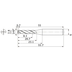MVE0380X02S060 DP1020 3.8 mm Dia. × 6 mm Shank × 20.7 mm Flute Length × 55.7 mm OAL, 140°, 2 Flute, External Coolant, Solid Carbide Drill