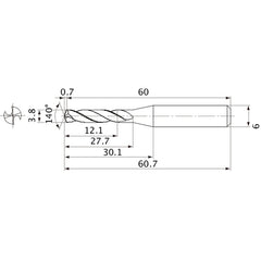 MVE0380X03S060 DP1020 3.8 mm Dia. × 6 mm Shank × 27.7 mm Flute Length × 60.7 mm OAL, 140°, 2 Flute, External Coolant, Solid Carbide Drill
