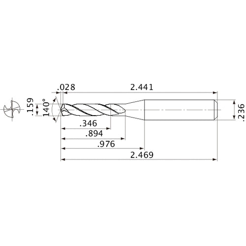 MVE0404X02S060 DP1020 0.159″ Dia. × 0.236″ Shank × 0.894″ Flute Length × 2.469″ OAL, 140°, 2 Flute, External Coolant, Solid Carbide Drill