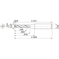 MVE0404X02S060 DP1020 0.159″ Dia. × 0.236″ Shank × 0.894″ Flute Length × 2.469″ OAL, 140°, 2 Flute, External Coolant, Solid Carbide Drill
