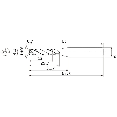 MVE0410X03S060 DP1020 4.1 mm Dia. × 6 mm Shank × 29.7 mm Flute Length × 68.7 mm OAL, 140°, 2 Flute, External Coolant, Solid Carbide Drill