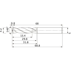 MVE0420X03S050 DP1020 4.2 mm Dia. × 5 mm Shank × 29.8 mm Flute Length × 68.8 mm OAL, 140°, 2 Flute, External Coolant, Solid Carbide Drill