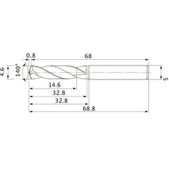 MVE0460X03S050 DP1020 4.6 mm Dia. × 5 mm Shank × 32.8 mm Flute Length × 68.8 mm OAL, 140°, 2 Flute, External Coolant, Solid Carbide Drill