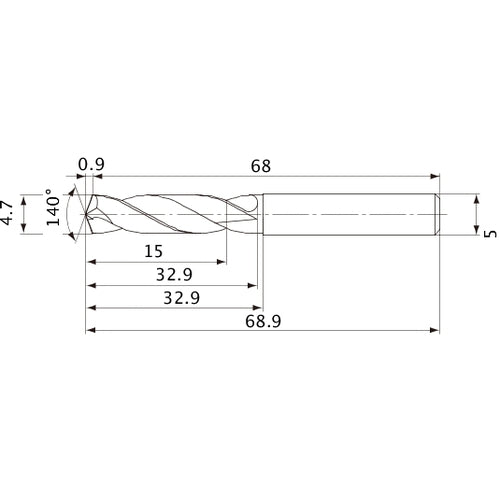 MVE0470X03S050 DP1020 4.7 mm Dia. × 5 mm Shank × 32.9 mm Flute Length × 68.9 mm OAL, 140°, 2 Flute, External Coolant, Solid Carbide Drill